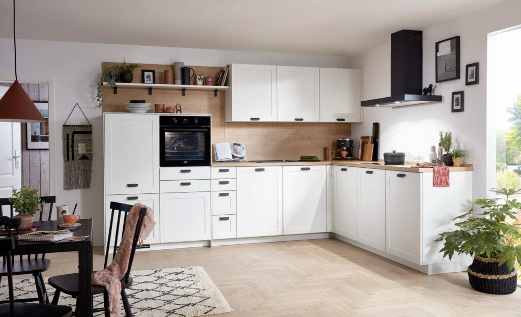 Nobilia Matt White Wood Shaker L Shaped Kitchen 2021 | German Kitchen Outlet Chester, Chester