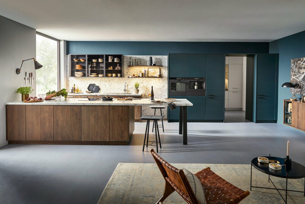 Schuller Vibrant Teal Wood Open Plan Kitchen | Square Kitchens At Ponsford, Sheffield