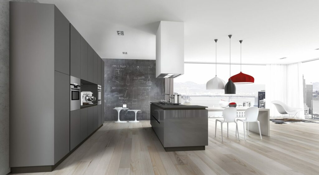 Arredo3 Grey Open Plan Kitchen With Gloss Island | Pieve Interiors, Paisley