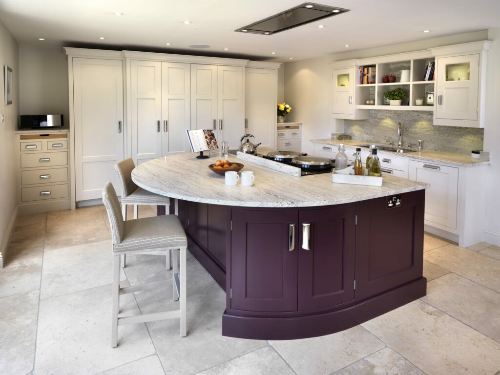 Hepworth Wood In Frame Kitchen With Purple Island | Pieve Interiors, Paisley