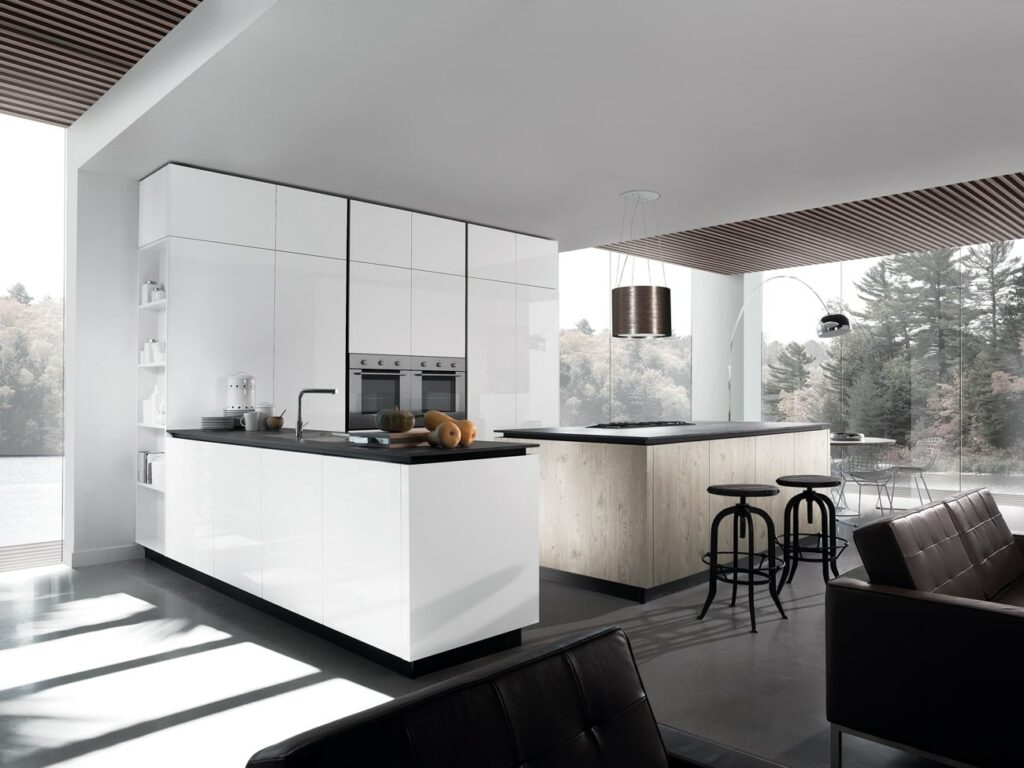 Miton High Gloss Kitchen With Wooden Island | Pieve Interiors, Paisley