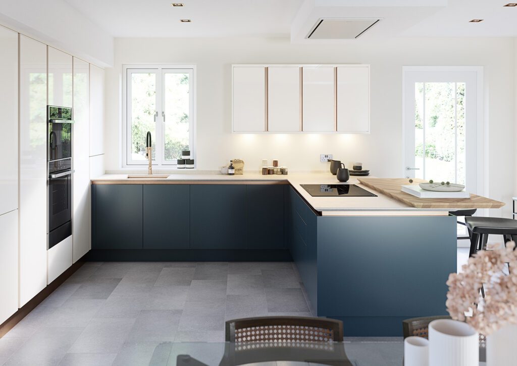 bespoke kitchens Hornchurch Blue Matt Whte Gloss U Shaped Kitchen 3 | Stanford Design, Upminster