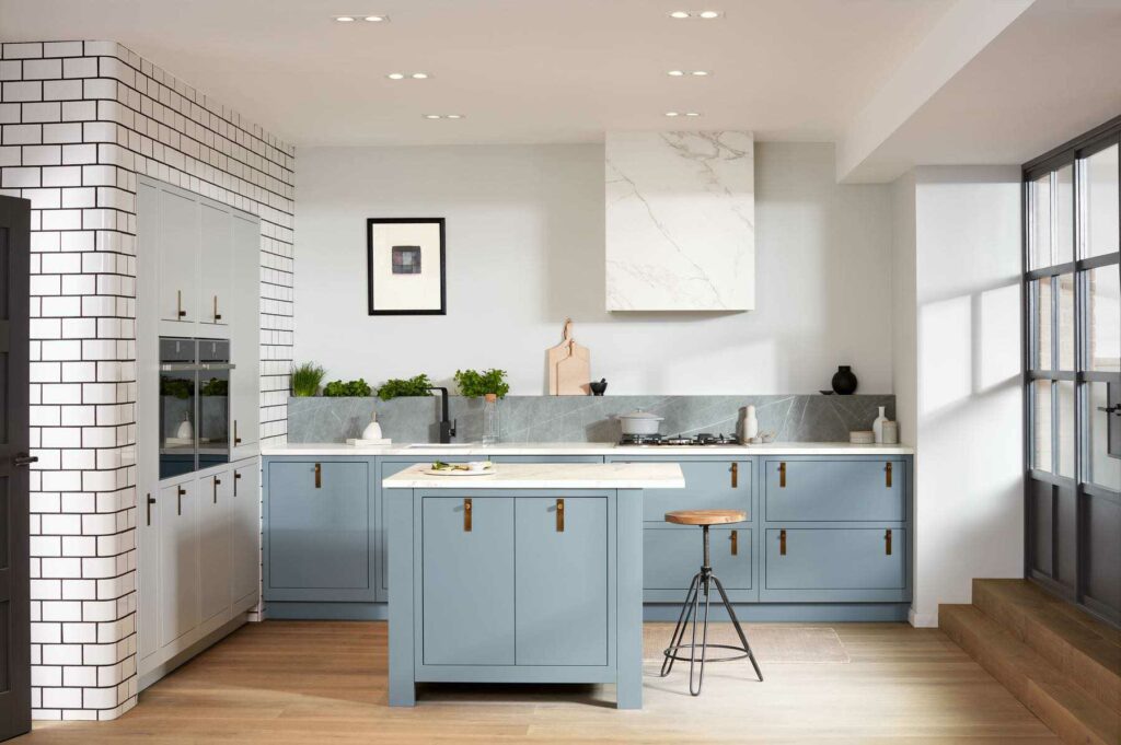 1909 Light Blue Kitchen With Island | Kubo Kitchens