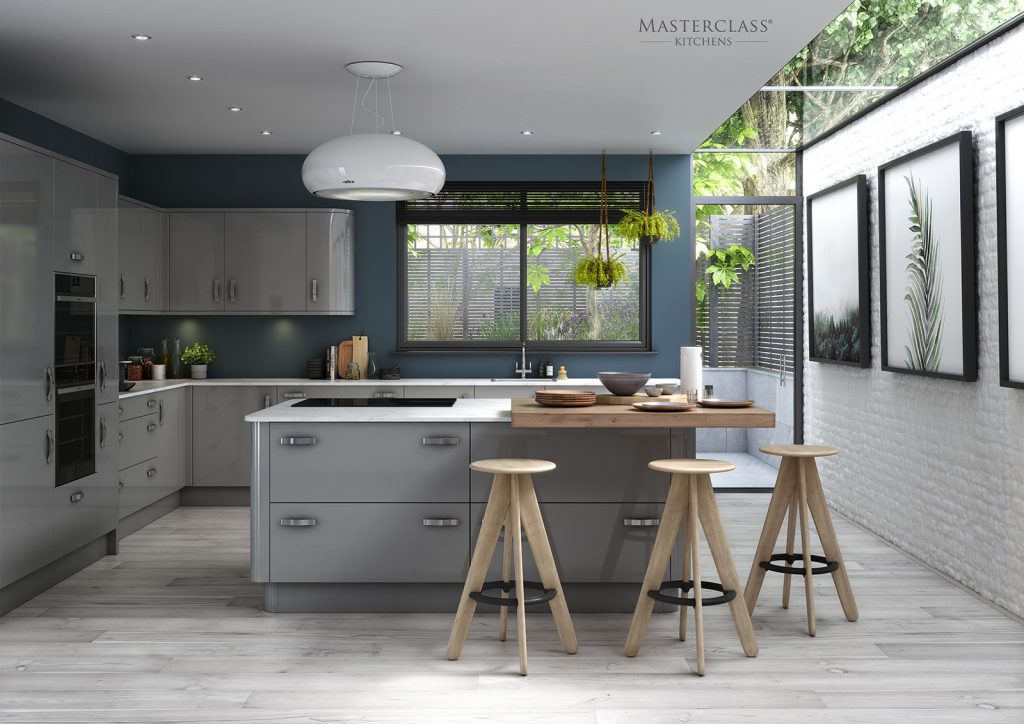 Masterclass Grey Gloss L Shaped Kitchen With Island | Plum-Mex, Farnham