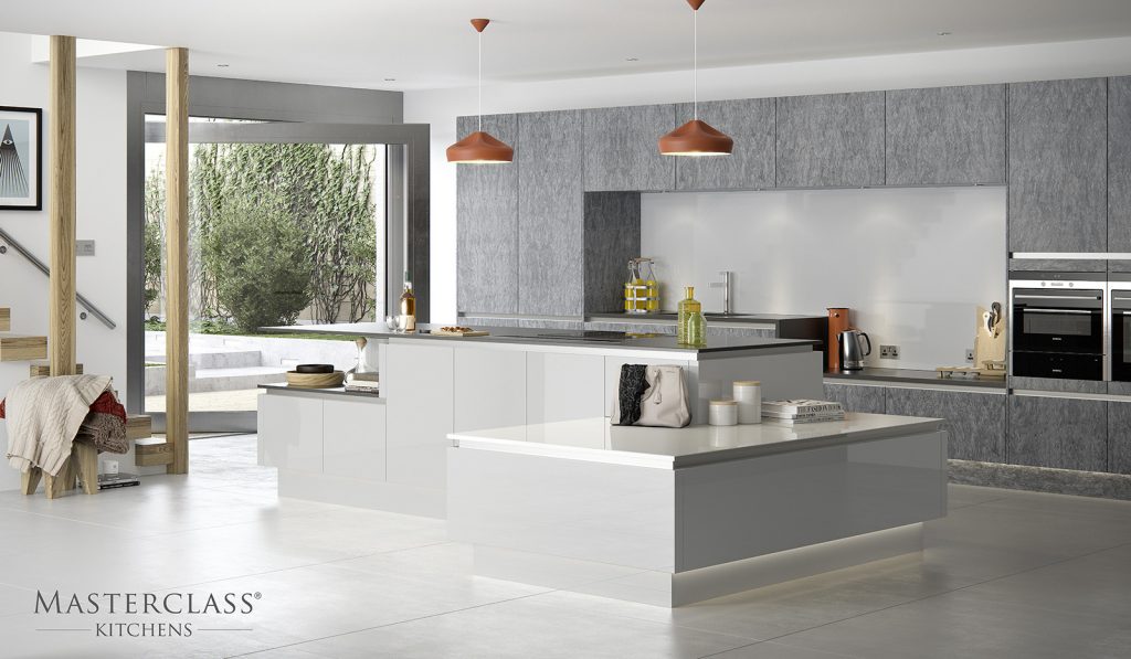Masterclass Stone Handleless Kitchen With Gloss Island 1 | Plum-Mex, Farnham
